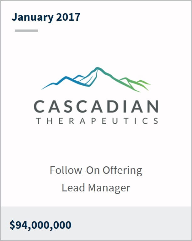 January 2017 Cascadian Therapeutics Inc. $94,000,000 follow-on offering lead manager
