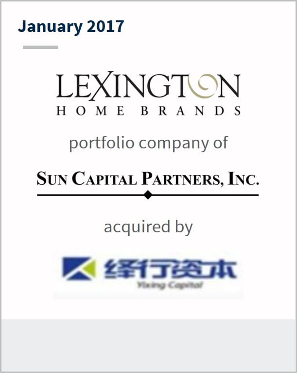 January 2017 Lexington Home Brands a portfolio company of Sun Capital Partners, Inc. acquired by Yixing Capital