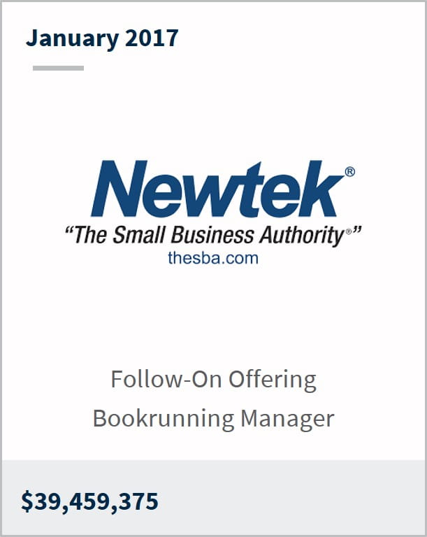 January 2017 Newtek $39,459,375 follow-on offering bookrunning manager