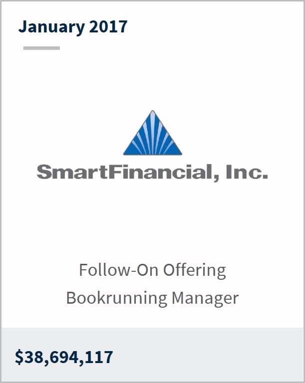 January 2017 SmartFinancial Inc. $38,694,117 follow-on offering bookrunning manager