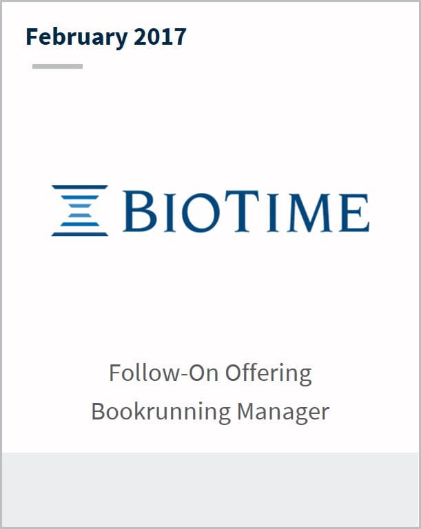 February 2017 BioTime Inc. follow-on offering bookrunning manager