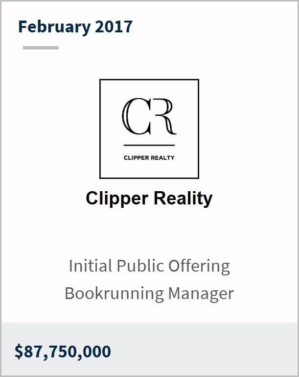 February 2017 Clipper Realty $87,750,000 initial public offering bookrunning manager