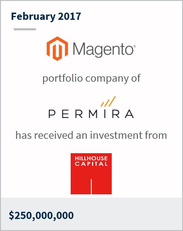 February 2017 Magento a portfolio company of Permira has received an investment Hillhouse Capital $250,000,000