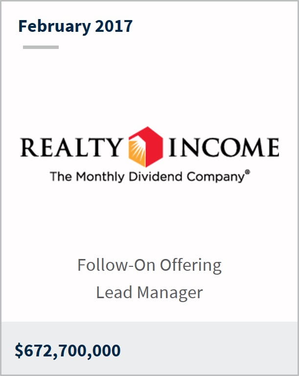 February 2017 Realty Income $672,700,000 follow-on offering lead manager