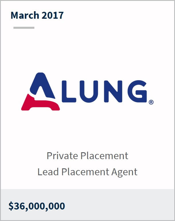 March 2017 ALung Technologies Inc. $36,000,000 private placement lead placement agent
