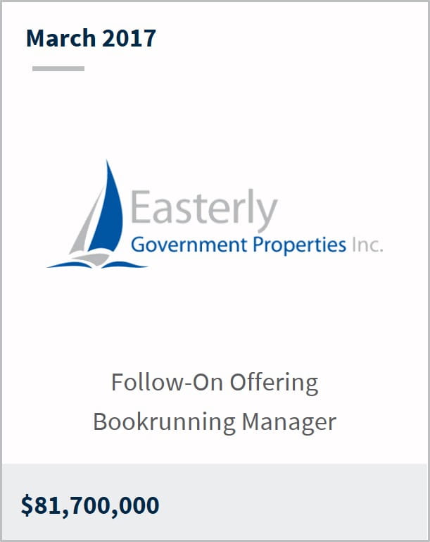 March 2017 Easterly Government Properties $81,700,000 follow-on offering bookrunning manager
