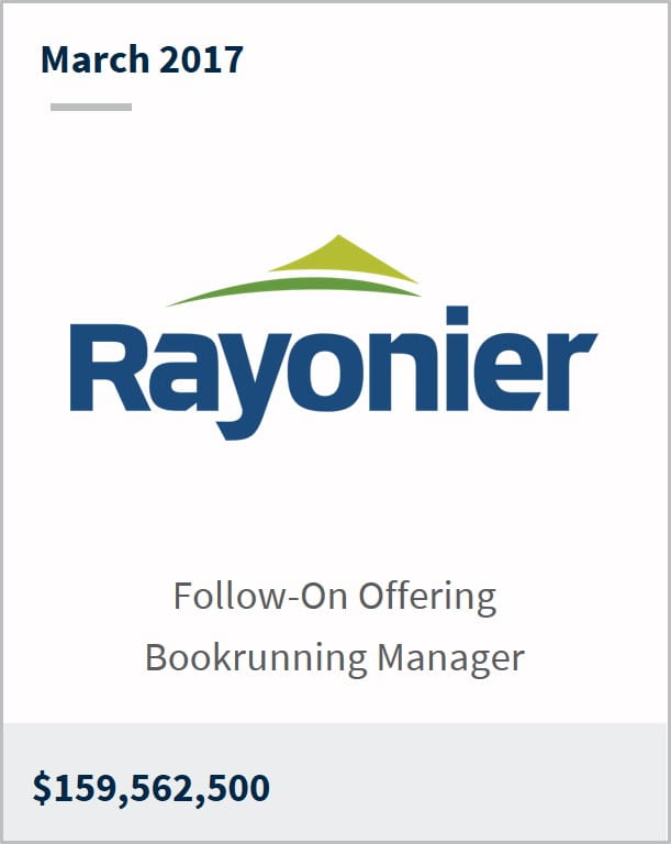 March 2017 Rayonier Inc $159,562,500 follow-on offering bookrunning manager