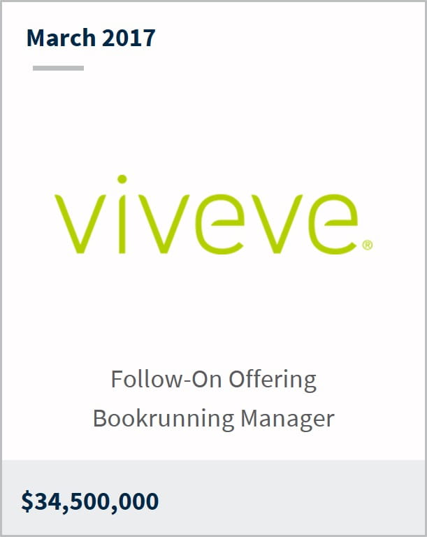March 2017 Viveve $34,500,000 follow-on offering bookrunning manager
