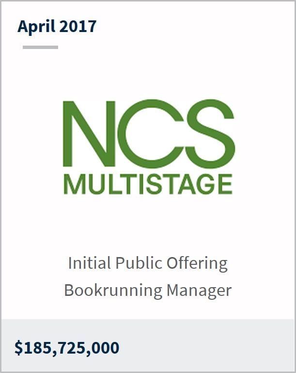 April 2017 NCS Multistage $185,725,000 initial public offering bookrunning manager