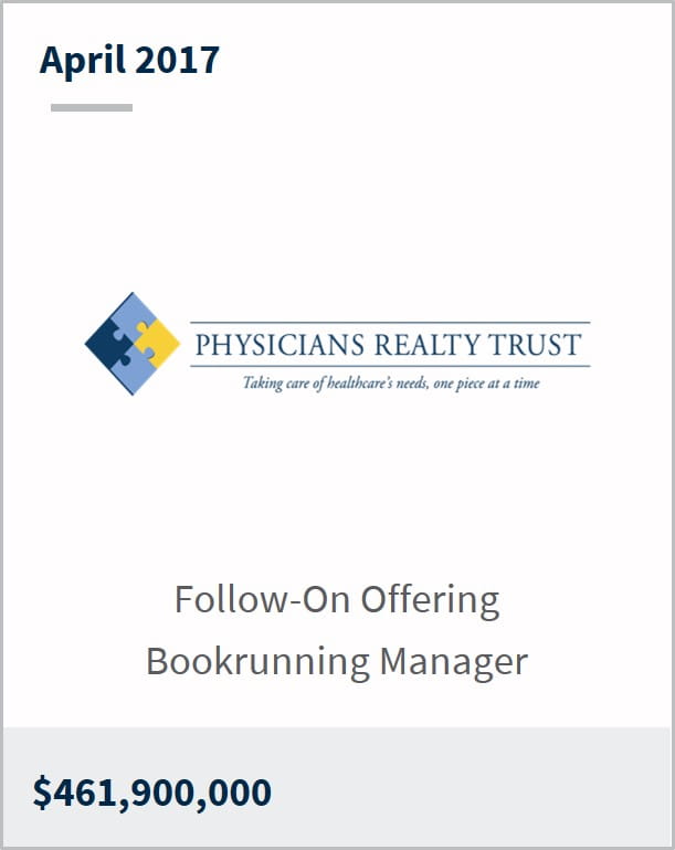 April 2017 Physicians Realty Trust $461,900,000 follow-on offering bookrunning manager