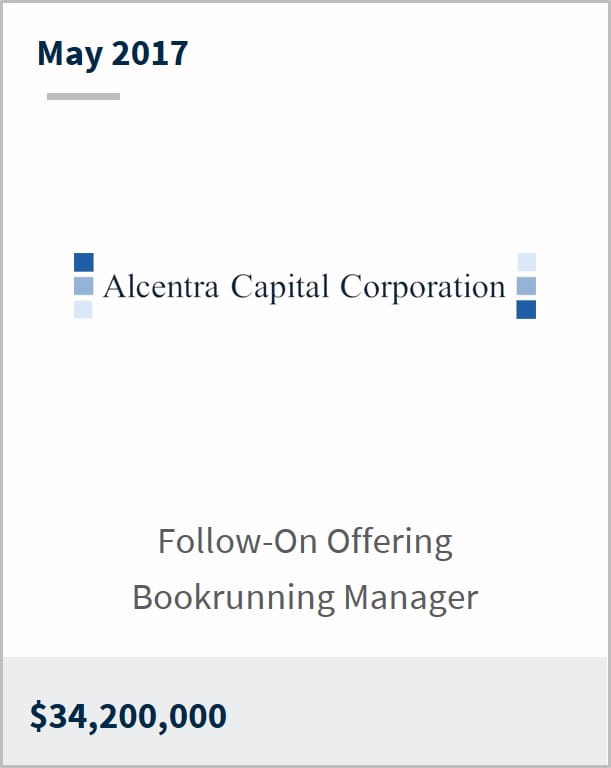 May 2017 Alcentra Capital Corporation $34,200,000 follow-on offering bookrunning manager