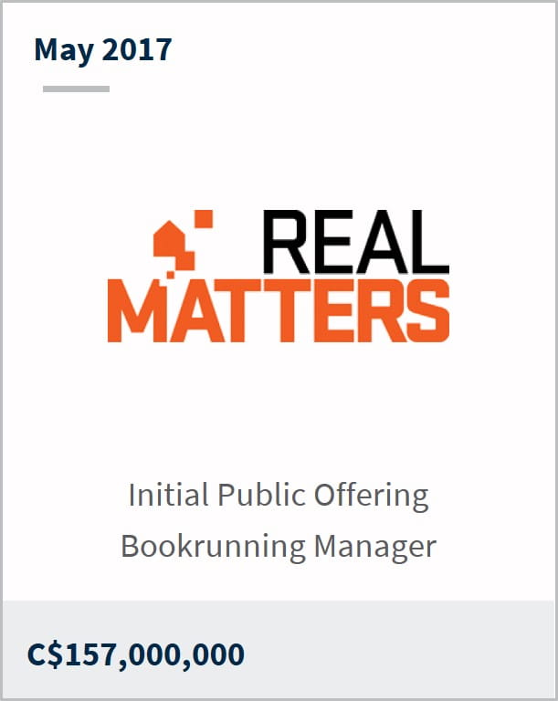 May 2017 Real Matters C$157,000,000 initial public offering bookrunning manager