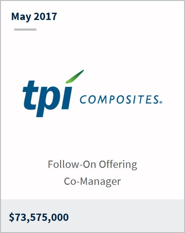 May 2017 TPI Composites, Inc. $73,575,000 follow-on offering co-manager