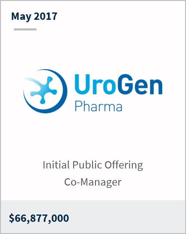 May 2017 UroGen Pharma Ltd. $66,877,000 initial public offering co-manager