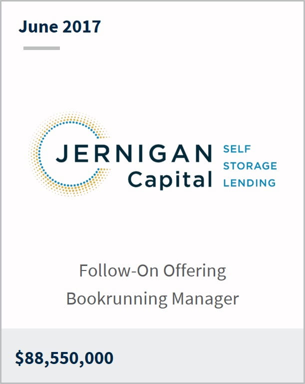 June 2017 Jernigan Capital $88,550,000 follow-on offering bookrunning manager
