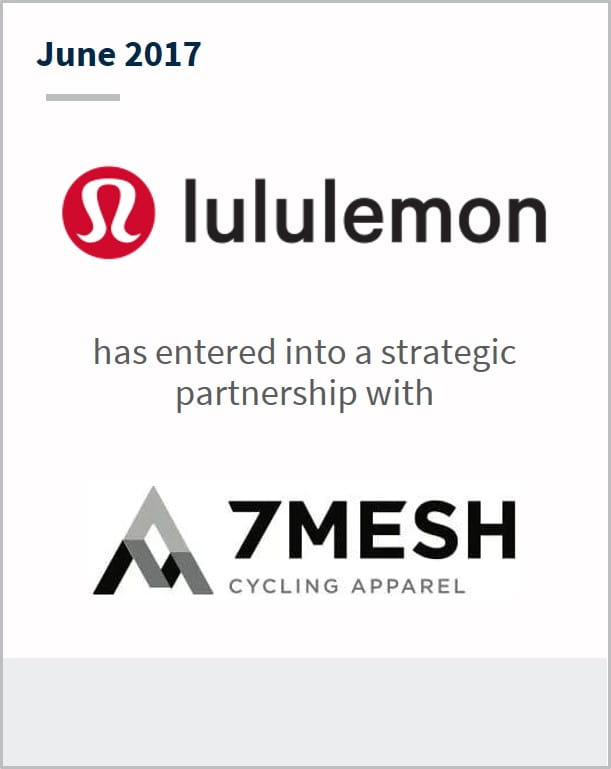 June 2017 Lululemon Athletica has entered into a strategic partnership with 7Mesh Cycling Apparel