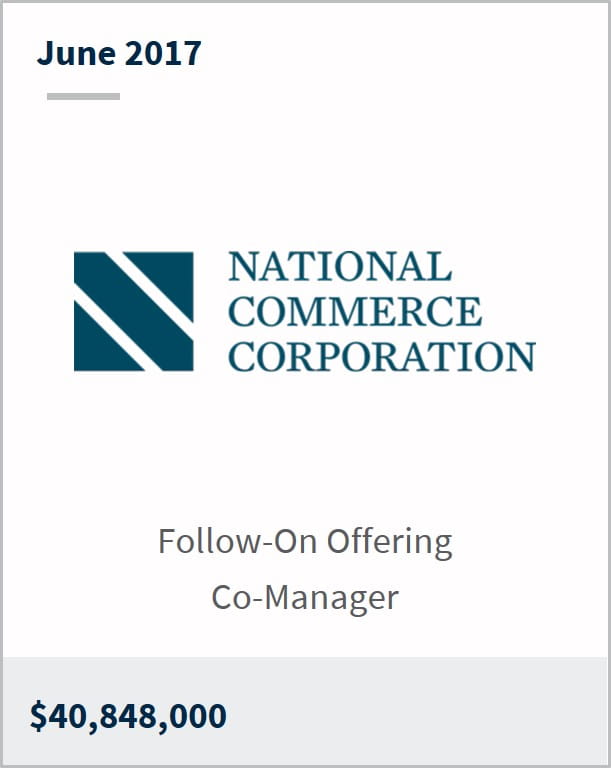 June 2017 National Commerce Corporation $40,848,000 follow-on offering co-manager
