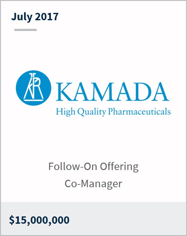 July 2017 Kamada Ltd. $15,000,000 follow-on offering co-manager