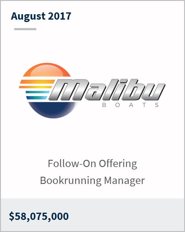August 2017 Malibu Boats $58,075,000 follow-on offering bookrunning manager