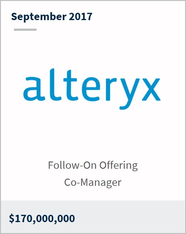 September 2017 Alteryx, Inc. $170,000,000 follow-on offering co-manager