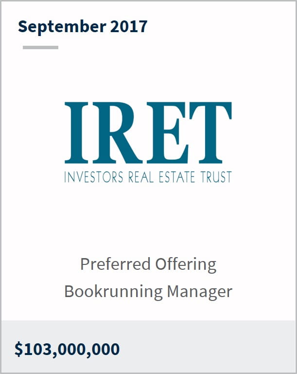 September 2017 Investors Real Estate Trust $103,000,000 preferred offering bookrunning manager