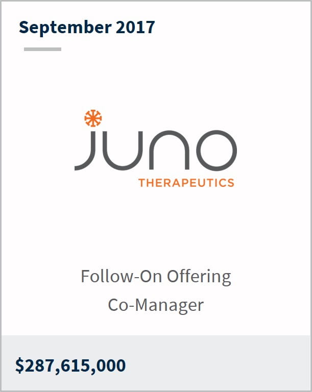 September 2017 Juno Therapeutics Inc. $287,615,000 follow-on offering co-manager