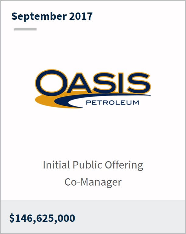 September 2017 Oasis Midstream Partners $146,625,000 initial public offering co-manager