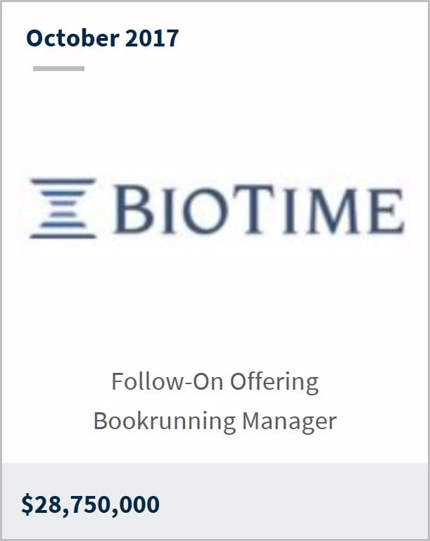 October 2017 BioTime Inc. $28,750,000 follow-on offering bookrunning manager
