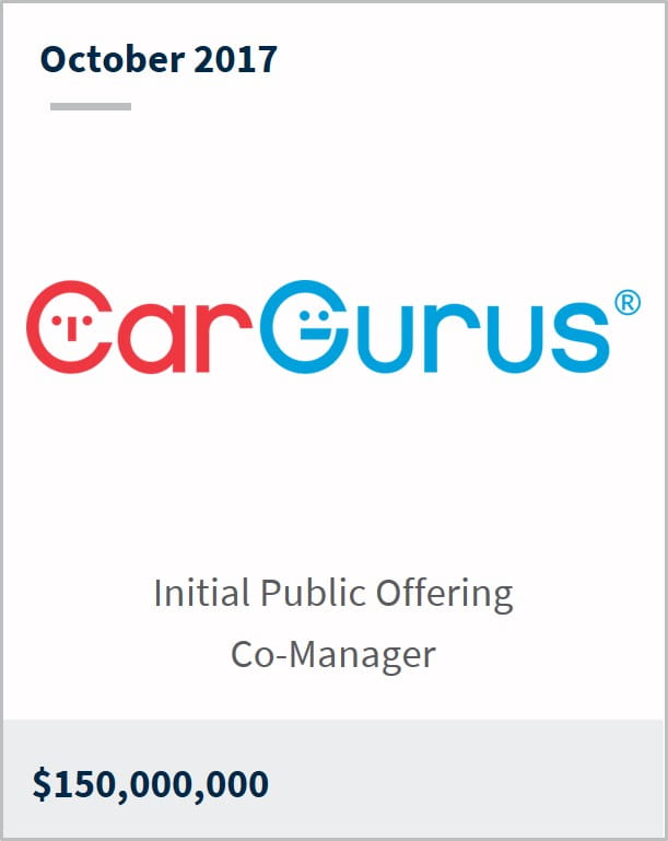 October 2017 CarGurus Inc. $150,000,000 initial public offering co-manager