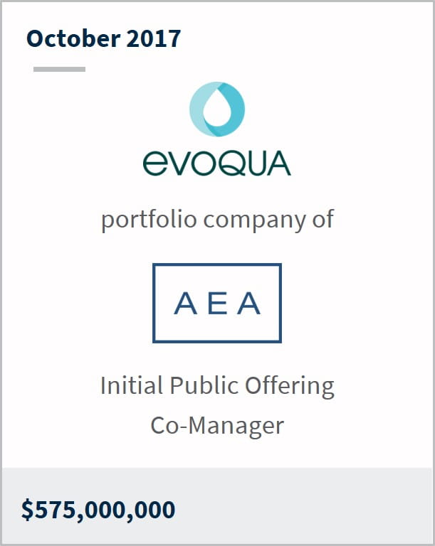 October 2017 Evoqua a portfolio company of AEA $575,000,000 initial public offering co-manager