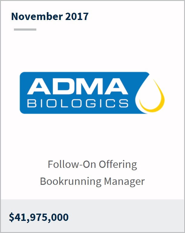 November 2017 ADMA Biologics $41,975,000 follow-on offering bookrunning manager
