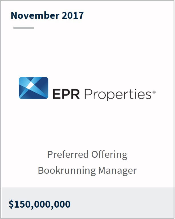 November 2017 EPR Properties $150,000,.000 preferred offering bookrunning manager