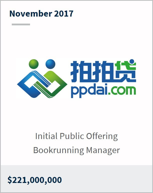 November 2017 PPDai.com $221,000,000 initial public offering bookrunning manager