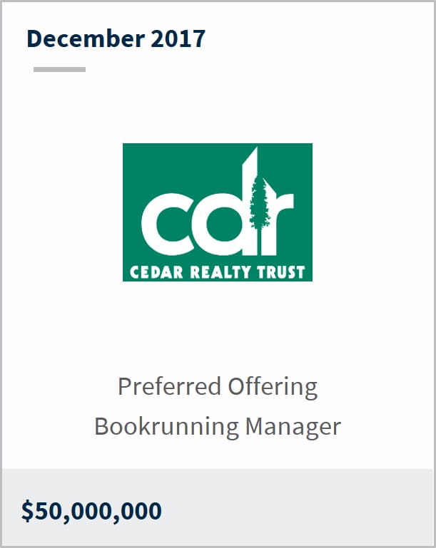 December 2017 Cedar Realty Trust $50,000,000 preferred offering bookrunning manager
