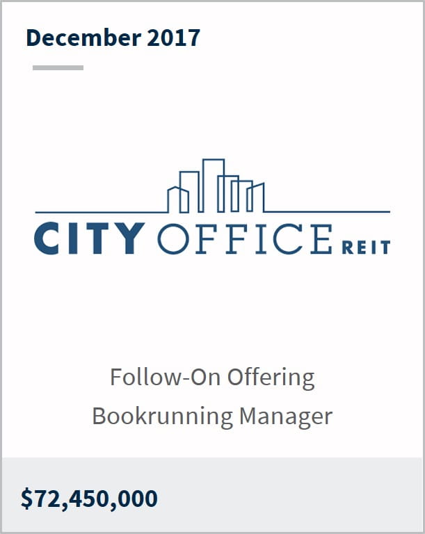 December 2017 City Office REIT, Inc. $72,450,000 follow-on offering bookrunning manager