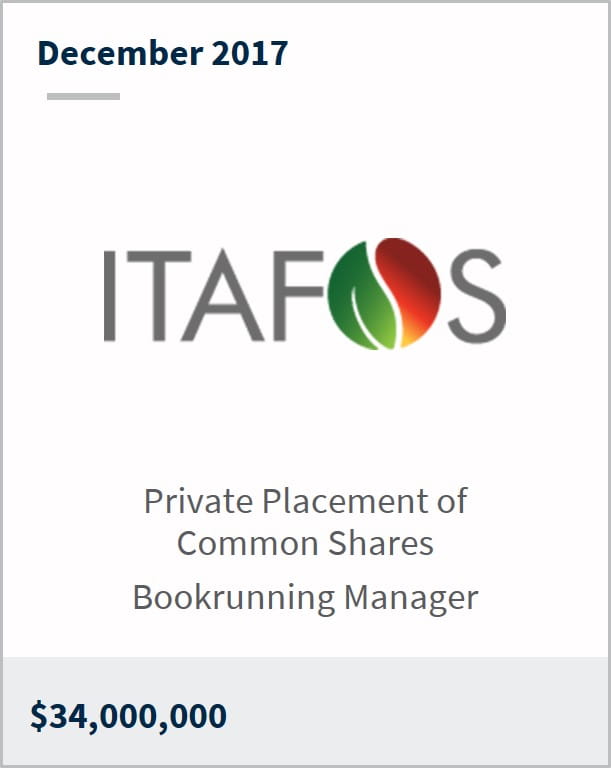 December 2017 Itafos $34,000,000 private placement of common shares bookrunning manager