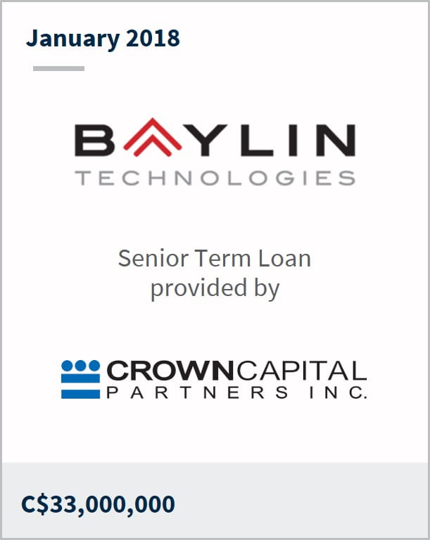 January 2018 Baylin Technologies senior term loan provided by Crown Capital Partners C$33,000,000"