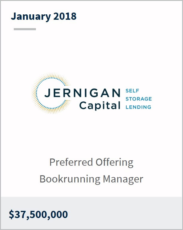 January 2018 Jernigan Capital $37,500,000 preferred offering bookrunning manager