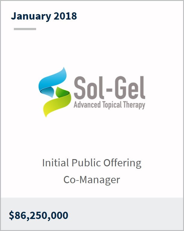 January 2018 Sol-Gel Technologies Ltd. $86,250,000 initial public offering co-manager