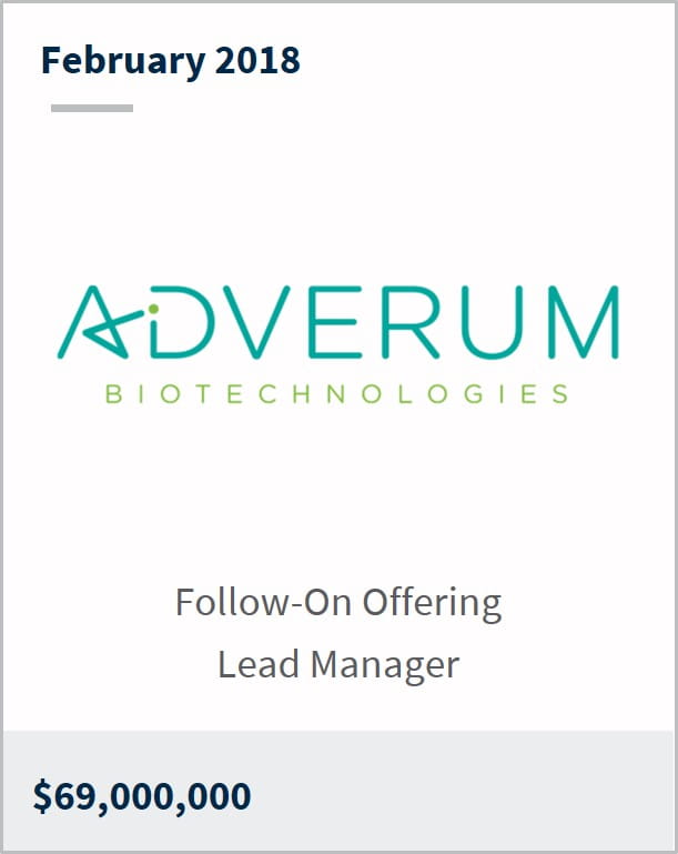 February 2018 Adverum Biotechnologies $69,000,000 follow-on offering lead manager