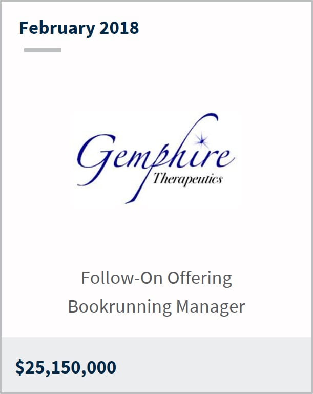 February 2018 Gemphire Therapeutics Inc. $25,150,000 follow-on offering bookrunning manager