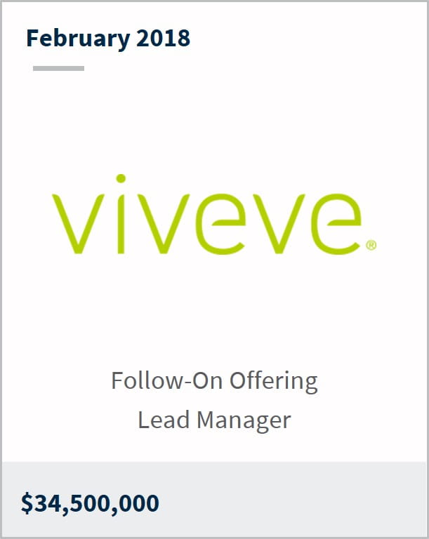 February 2018 Viveve Medical $34,500,000 follow-on offering lead manager