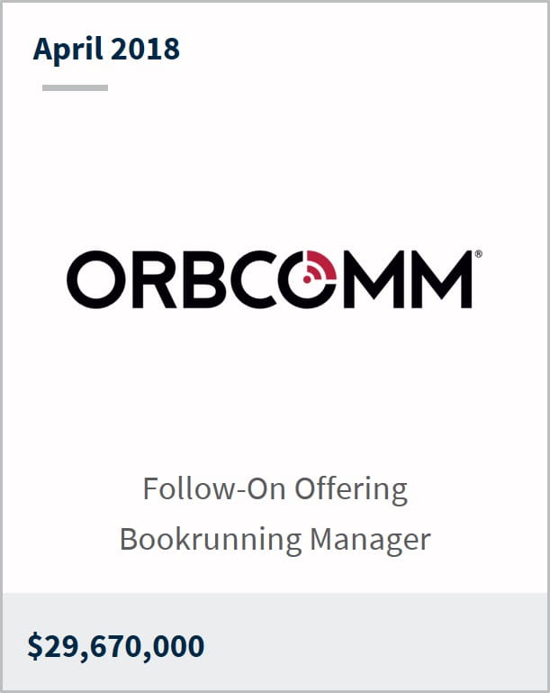 April 2018 Orbcomm $29,670,000 follow-on offering bookrunning manager