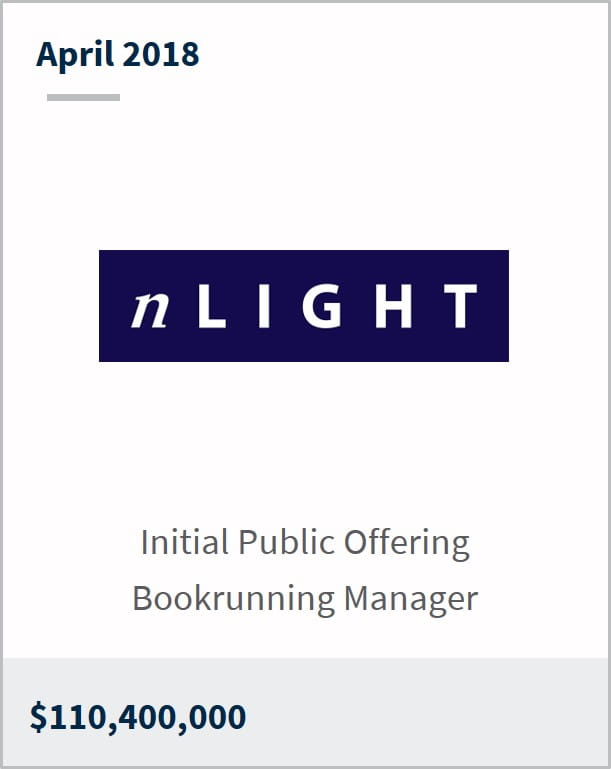April 2018 nLIGHT $110,400,000 initial public offering bookrunning manager