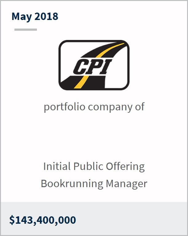 May 2018 Construction Partners Inc $143,400,000 Initial public offering bookrunning manager