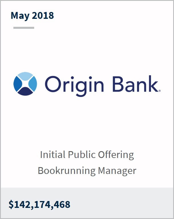 May 2018 Origin Bancorp Inc $142,174,468 initial public offering bookrunning manager