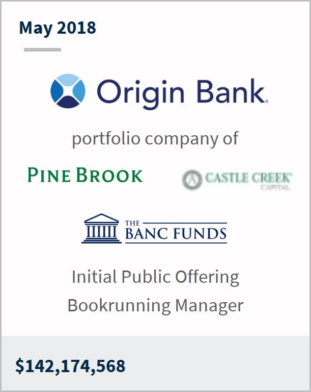May 2018 Origin Bancorp Inc a portfolio company of multiple companies $142,174,568 initial public offering bookrunning manager