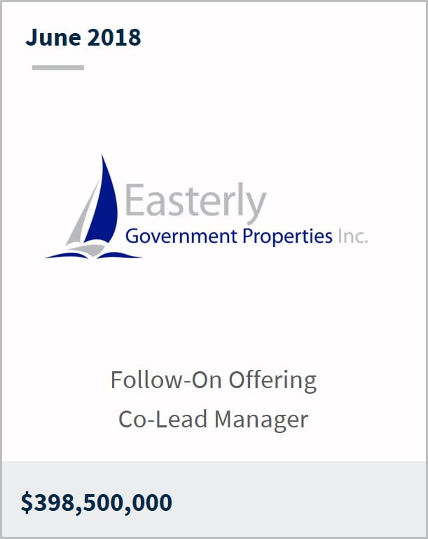 June 2018 Easterly Government Properties $398,500,00 follow-on offering co-lead manager
