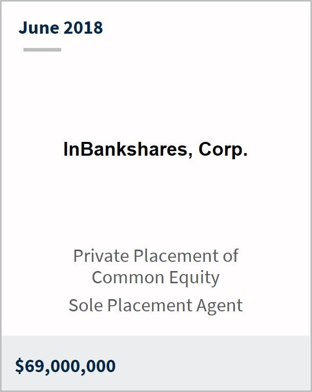 June 2018 InBankshares, Corp. $69,000,000 private placement of common equity sole placement agent
