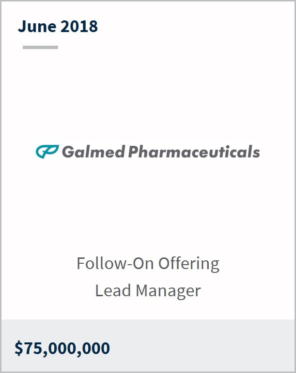 June 2018 Galmed Pharmaceuticals $75,000,000 follow-on offering lead manager